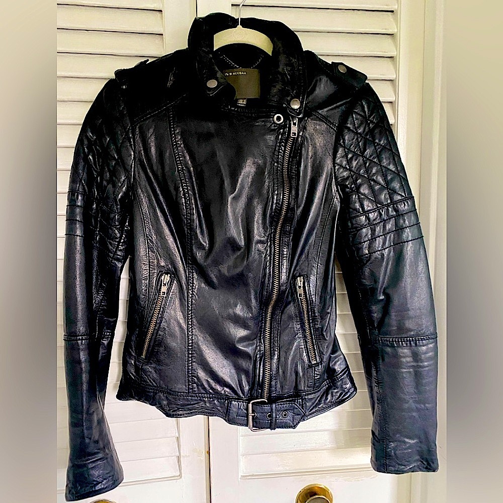 Muubaa black, leather biker motorcycle jacket